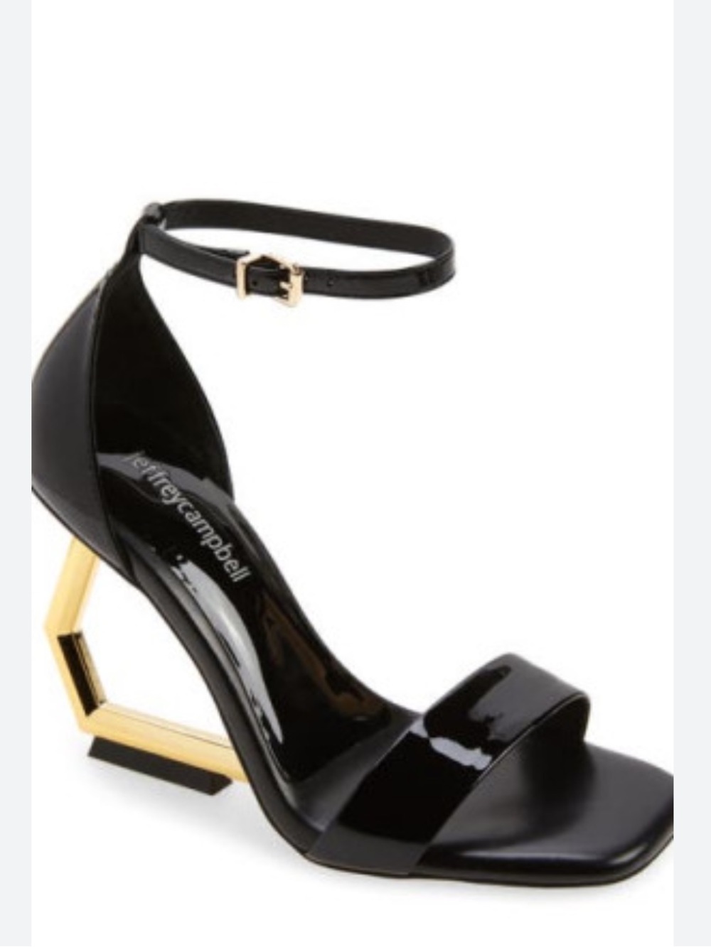 Jeffrey Campbell Kallisto Ankle Strap Sandal in Black Patent Gold Size 7